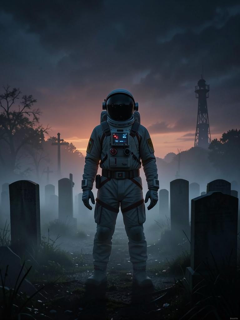 high quality sci-fi illustration, a lone astronaut in a spacesuit stands on a dark foggy cemetery hill at dusk, moody purple sky, volumetric mist, cinematic