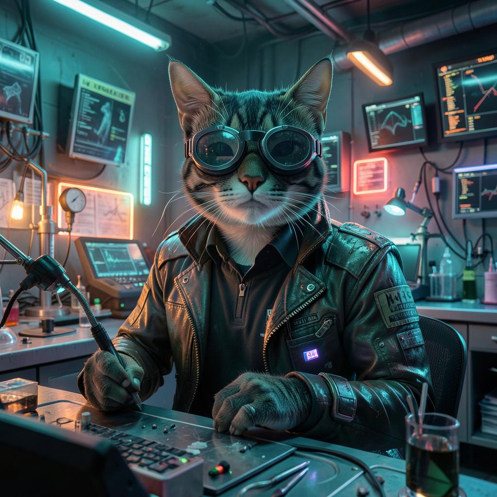 cyberpunk cat scientist wearing goggles and a worn leather jacket, working in a neon laboratory, teal and orange lighting, photorealistic cinematic still