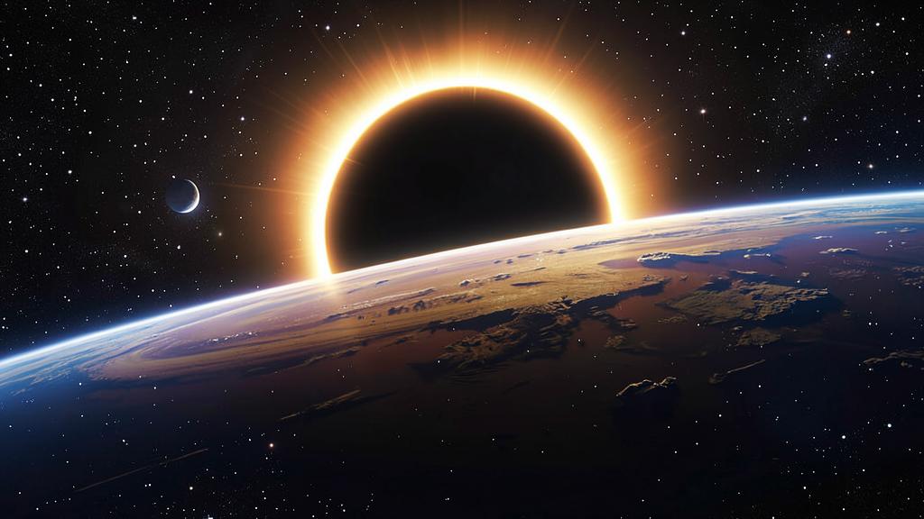 deep space solar eclipse above a planet horizon, blazing golden corona, scattered stars, ultra detailed sci-fi concept art, wide cinematic frame