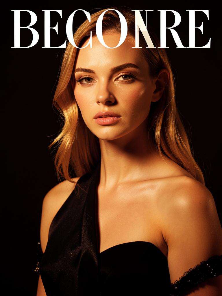 high fashion magazine cover portrait of a model, warm amber studio lighting, black satin dress, deep black background, editorial retouch