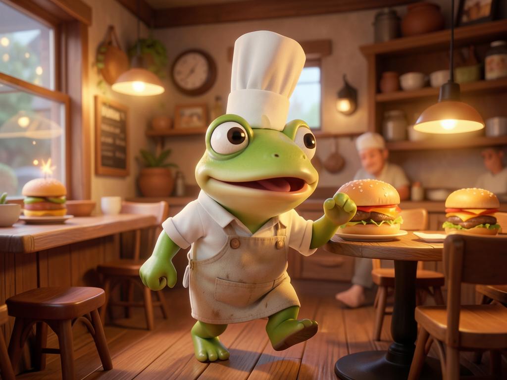 whimsical 3D animated frog chef running a cozy burger restaurant, warm wooden interior, soft golden lamp light, pixar style render