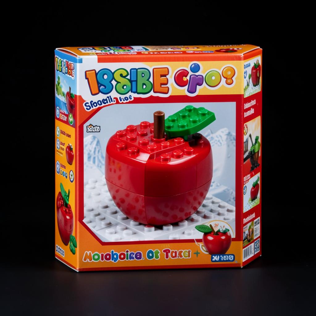 playful toy brick construction kit box featuring a red apple build, colorful packaging, glossy studio product photography on a black background