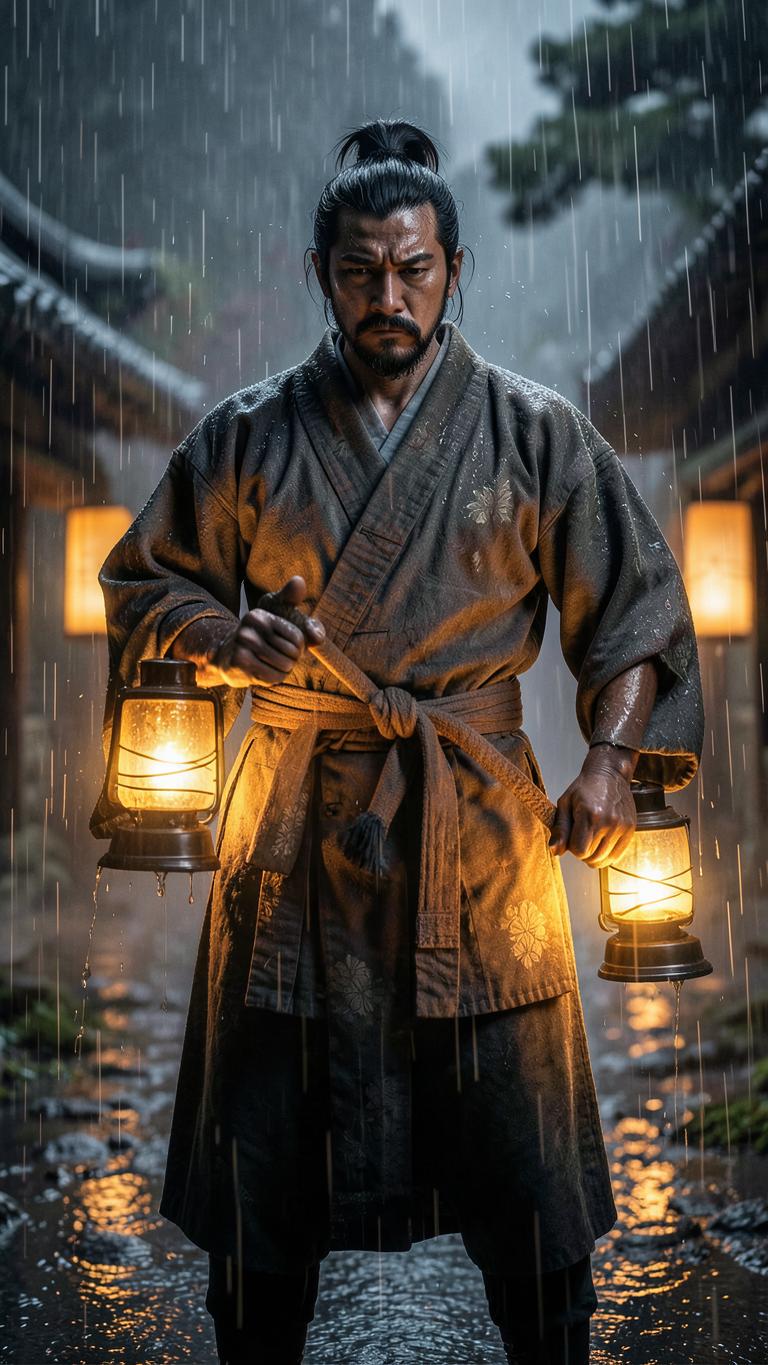 cinematic portrait of a samurai walking through heavy rain holding two glowing amber lanterns, wet stone alley, dramatic contrast, ultra detailed