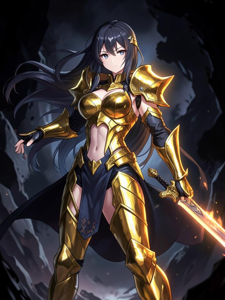 anime fantasy illustration, a lone female warrior in glowing golden plate armor holding a burning longsword, dark cavern background, dramatic rim light, ultra detailed