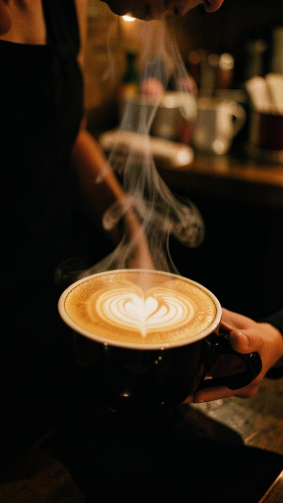 barista pouring latte art in a warm dark cafe, steam rising, shallow depth of field, cinematic film still, 85mm lens