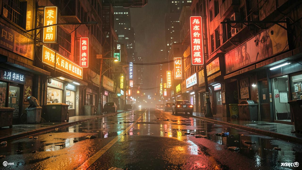 futuristic city street at night, amber neon signs reflecting in rain puddles, dense atmosphere, wide cinematic shot