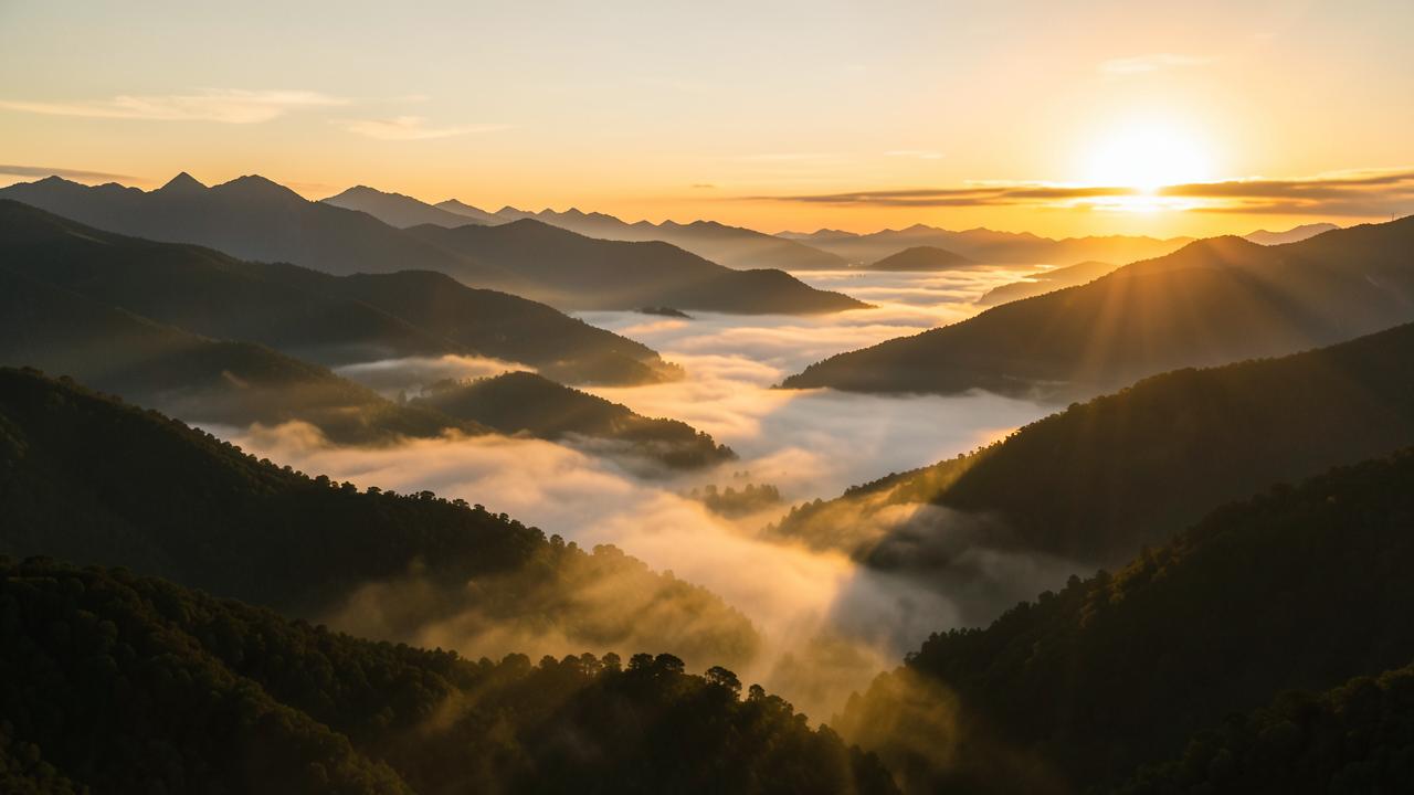 aerial view of misty mountain ranges at sunrise, golden fog rolling through the valleys, volumetric light, ultra detailed landscape