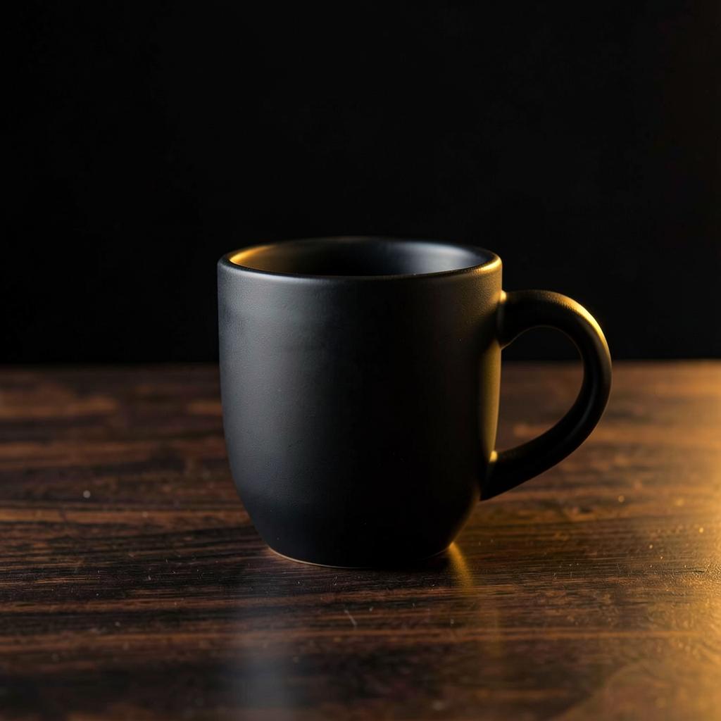 matte black ceramic cup on a dark walnut table, warm golden rim light, studio softbox, commercial product photography